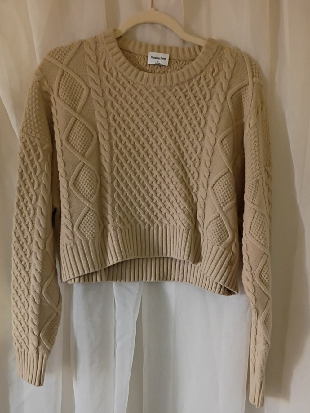 Aritzia Sunday Best Tan Cable Knit Crewneck Cropped Sweater